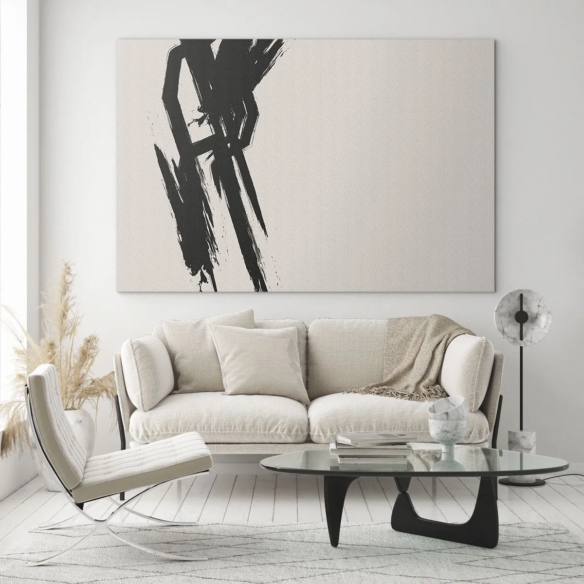 Obraz na szkle - Dynamiczny czarny pędzelkowy ślad na jasnym tle - 70x50cm - Niepohamowany pęd - Nowoczesna dekoracja ścienna do salonu i sypialni ARTTOR