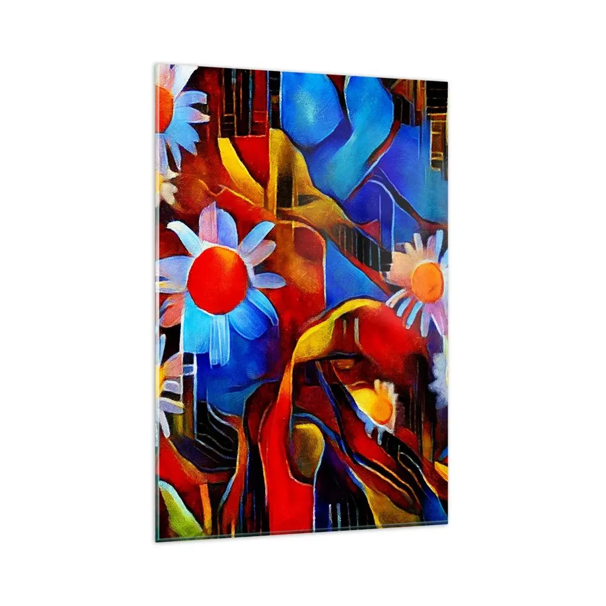 Obraz na szkle - Abstrakcyjne kwiaty na tle geometrycznych wzorów - 80x120cm - Kolory życia - Nowoczesna dekoracja ścienna do salonu i sypialni ARTTOR