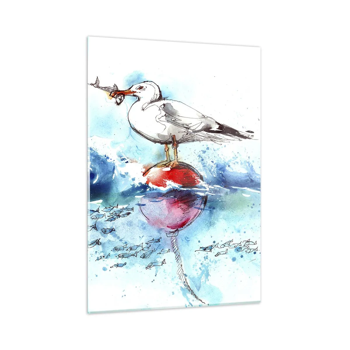Obraz na szkle - Mewa na boi z rybą w tle fal morskich - 50x70cm - Udany połów - Nowoczesna dekoracja ścienna do salonu, kuchni i sypialni ARTTOR
