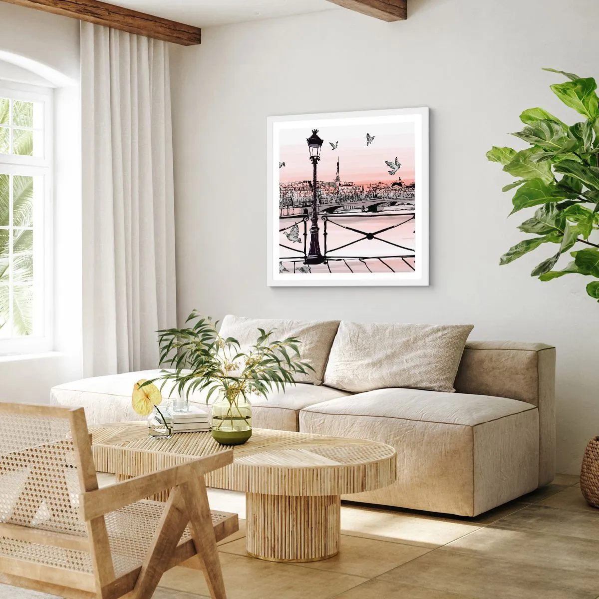 Plakat w białej ramie - Nad dachami Paryża - 60x60 cm