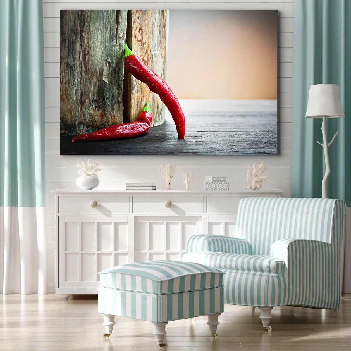 Obraz na płótnie - Dwie czerwone papryczki chili na drewnianym tle z rustykalnym akcentem - 120x80cm - Red hot chili peppers - Nowoczesna dekoracja ścienna do salonu, kuchni i sypialni ARTTOR