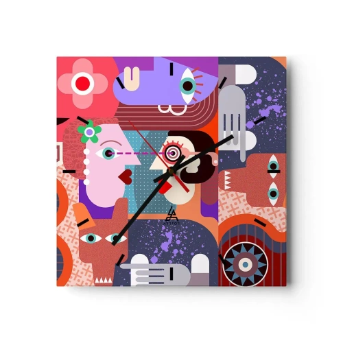 Zegar ścienny - Abstrakcyjne postacie w żywych kolorach - 30x30cm - Oko w oko - Nowoczesna dekoracja ścienna do salonu i sypialni ARTTOR