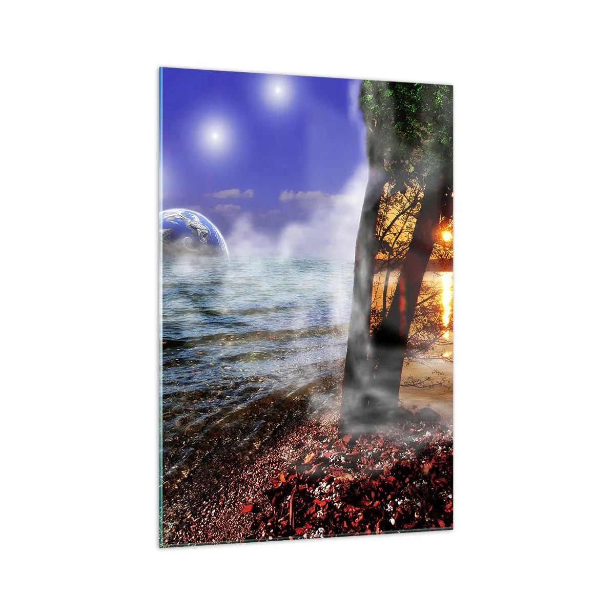 Obraz na szkle - Fantastyczny krajobraz z morzem, drzewem i zachodem słońca. - 70x100cm - Pejzaż surrealistyczny - jedność natury - Nowoczesna dekoracja ścienna do salonu i sypialni ARTTOR