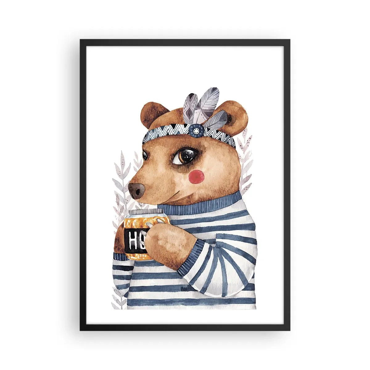 Plakat w czarnej ramie - Uroczy miś w marynarskiej bluzie z kubkiem w dłoniach - 50x70cm - Słodka Misia - Nowoczesna dekoracja ścienna do salonu i sypialni ARTTOR