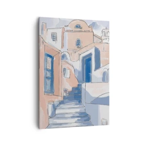 Obraz na płótnie - Artystyczna ilustracja śródziemnomorskiej architektury w odcieniach błękitu i beżu - 50x70cm - Egzotyczne miasto - Nowoczesna dekoracja ścienna do salonu, kuchni i sypialni ARTTOR