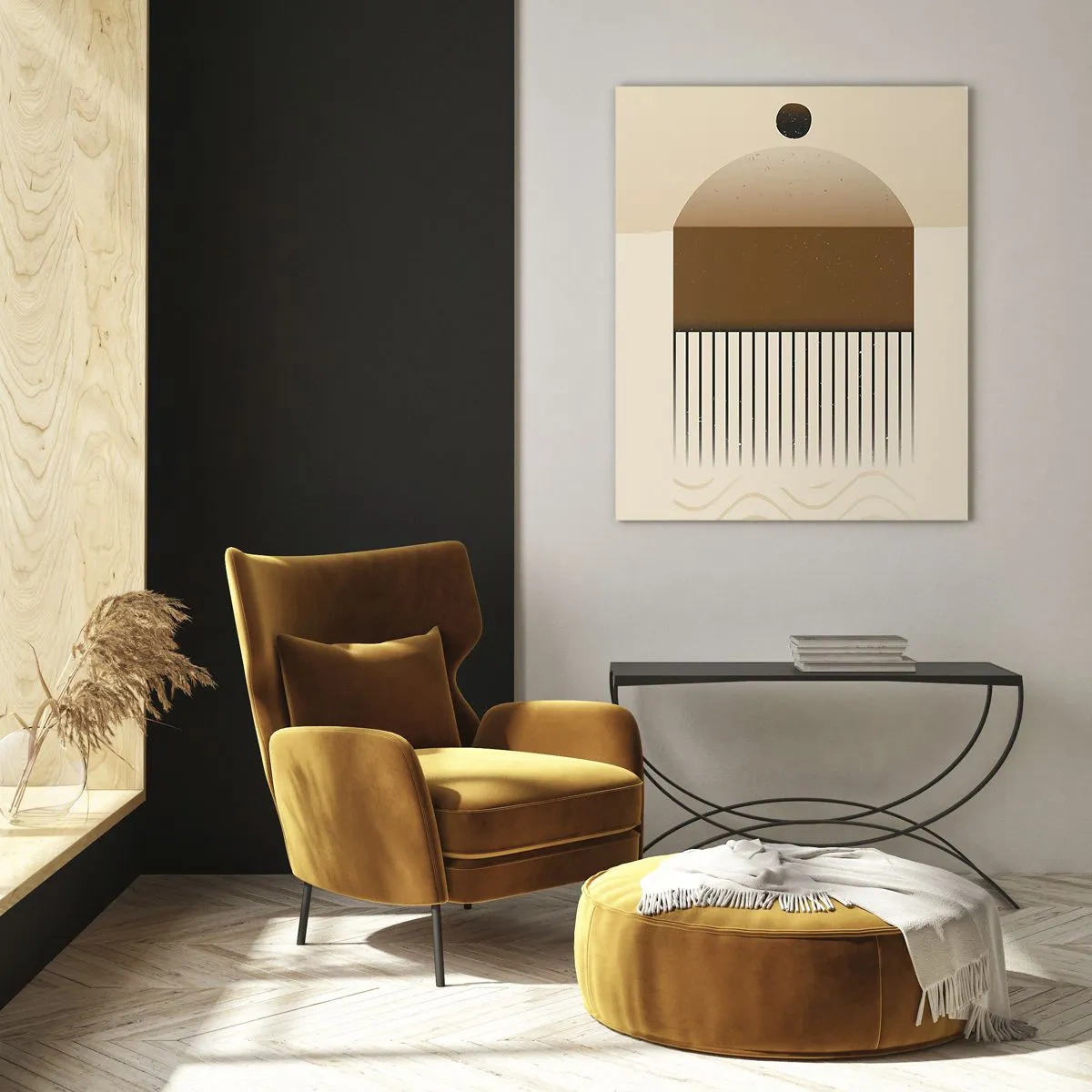 Obraz na szkle - Beżowo-brązowa abstrakcja z geometrycznymi formami i liniami - 50x70cm - Różne stany - Nowoczesna dekoracja ścienna do salonu, kuchni i sypialni ARTTOR