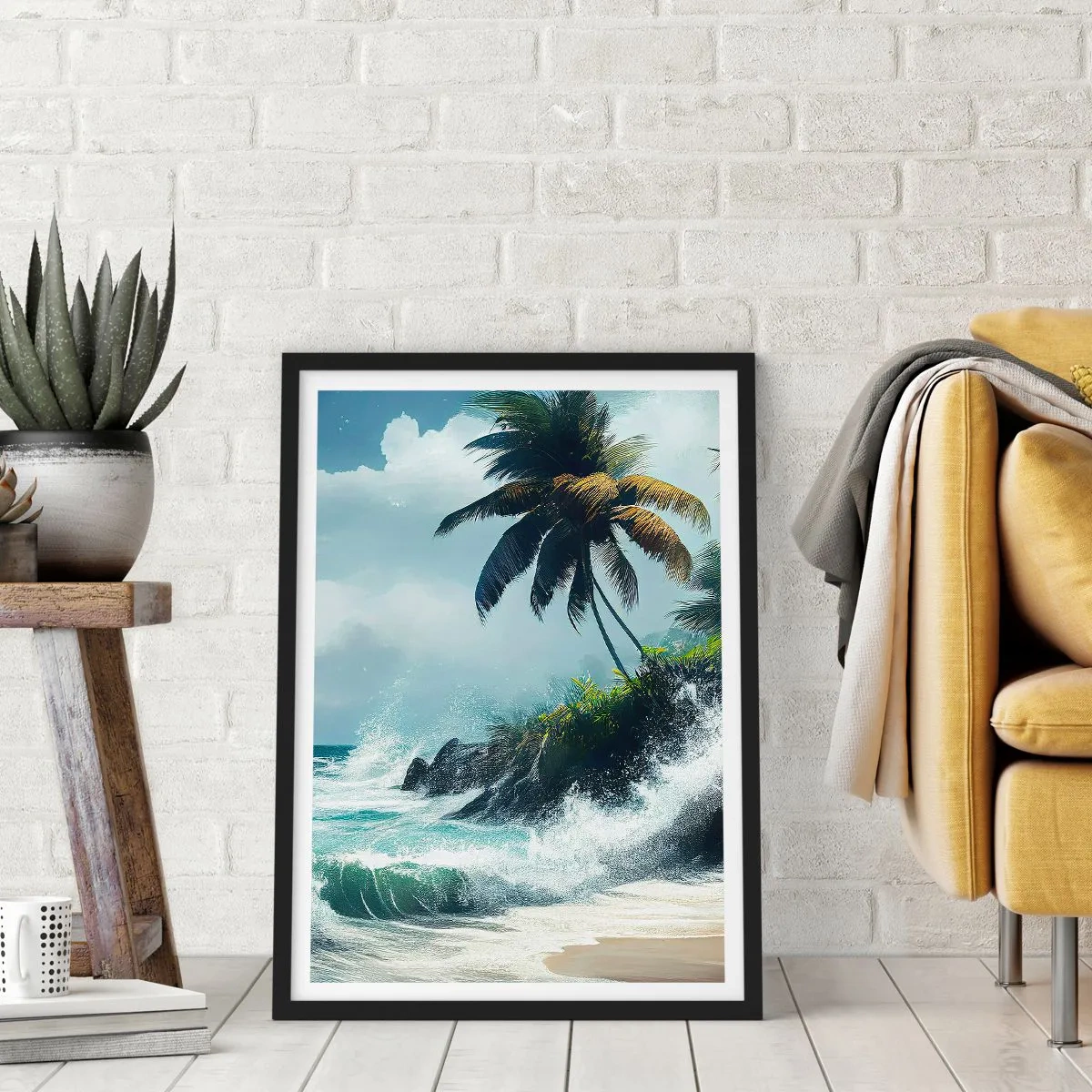 Plakat w czarnej ramie - Tropikalna plaża z palmami i wzburzonym oceanem - 50x70cm - Na tropikalnym brzegu - Nowoczesna dekoracja ścienna do salonu i sypialni ARTTOR