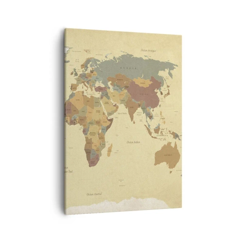 Obraz na płótnie - Stylizowana mapa świata w odcieniach beżu i brązu o vintage charakterze - 50x70cm - Dla ciebie - cały świat - Nowoczesna dekoracja ścienna do salonu, kuchni i sypialni ARTTOR