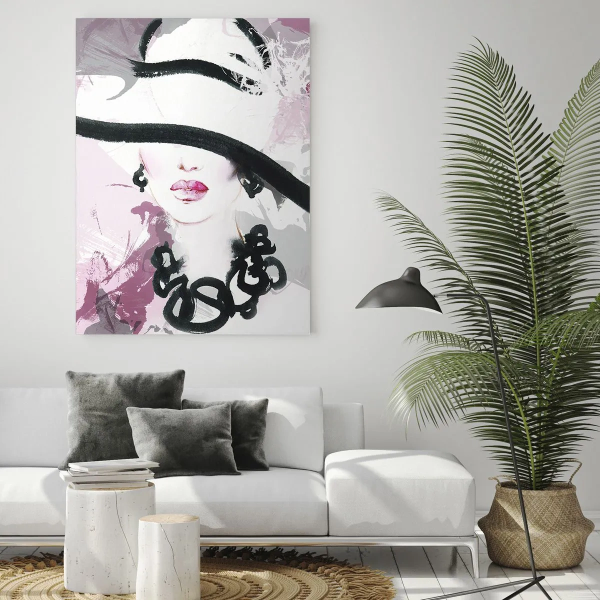 Obraz na szkle - Portret kobiety w czarnej kapeluszu z różowym tłem - 50x70cm - Portret damy w czerni i różu - Nowoczesna dekoracja ścienna do salonu, kuchni i sypialni ARTTOR