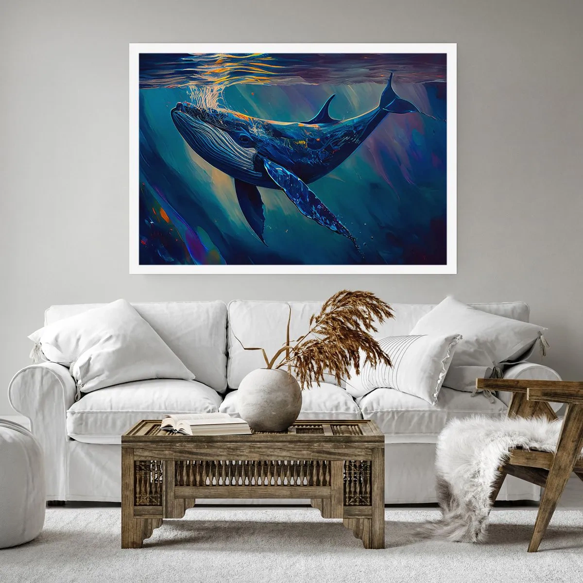 Plakat - Wieloryb w głębinach oceanu w świetlistych barwach - 100x70cm - Witaj w moim świecie - Nowoczesna dekoracja ścienna do salonu i sypialni ARTTOR