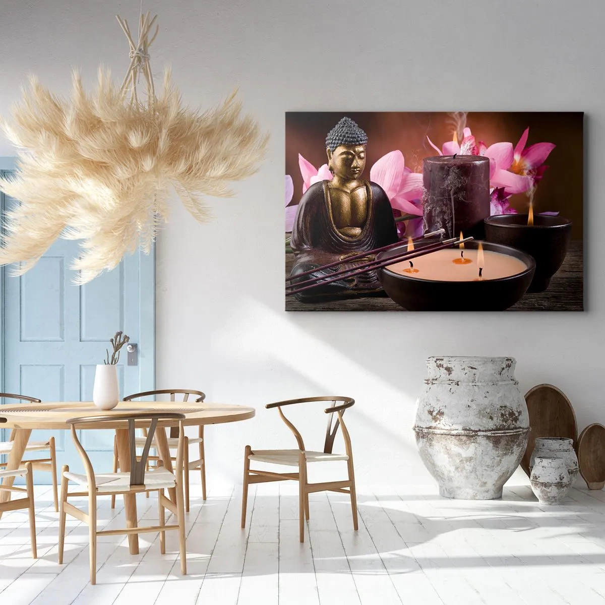 Obraz na płótnie - Figurka Buddy z zapalonymi świecami i kadzidełkami - 100x70cm - Oczyścić umysł, uspokoić ciało - Nowoczesna dekoracja ścienna do salonu, kuchni i sypialni ARTTOR