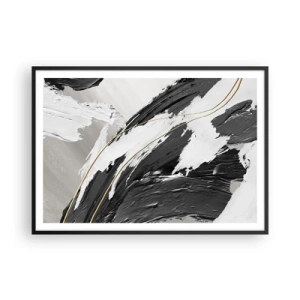 Plakat w czarnej ramie - Czarno-białe pociągnięcia farby z delikatnym złotym akcentem - 100x70cm - Abstrakcja z rozmachem - Nowoczesna dekoracja ścienna do salonu i sypialni ARTTOR