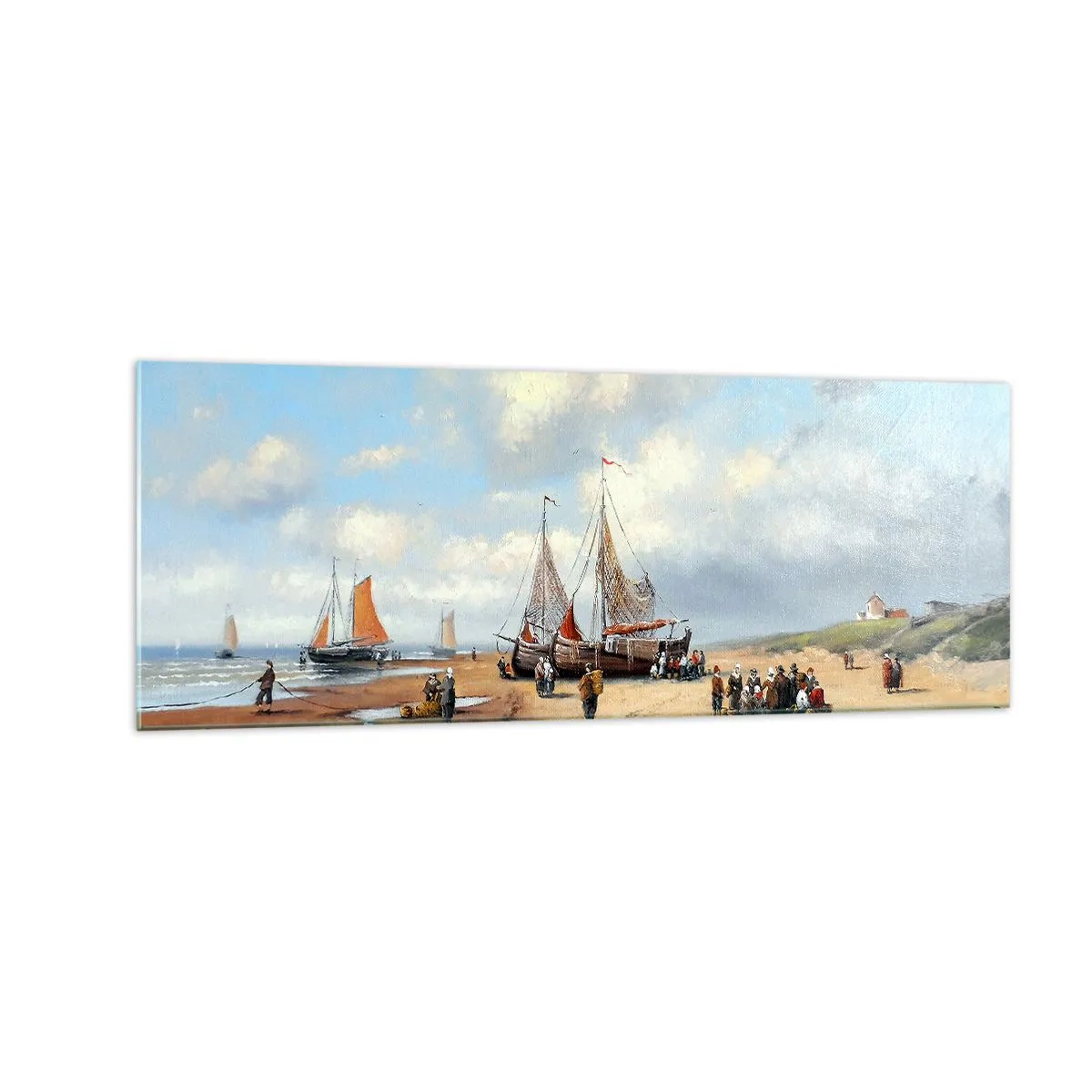 Obraz na szkle - Rybackie łodzie na plaży z postaciami ludzi - 140x50cm - Po udanym połowie - Nowoczesna dekoracja ścienna do salonu i sypialni ARTTOR