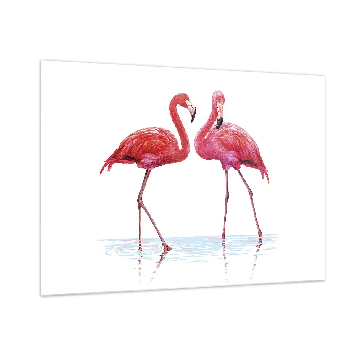 Obraz na szkle - Dwa różowe flamingi stojące w wodzie - 100x70cm - Różowe randez-vous - Nowoczesna dekoracja ścienna do salonu, kuchni i sypialni ARTTOR