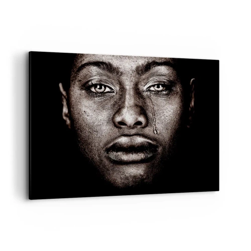 Obraz na płótnie - Portret twarzy z pojedynczą łzą na czarnym tle - 100x70cm - Jedna łza - Nowoczesna dekoracja ścienna do salonu, kuchni i sypialni ARTTOR