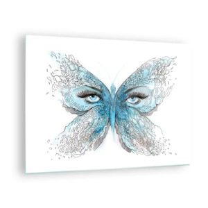 Obraz na szkle - Motyl z błękitnymi skrzydłami i ludzkimi oczami w artystycznym stylu - 70x50cm - Modraszek eros - Nowoczesna dekoracja ścienna do salonu i sypialni ARTTOR