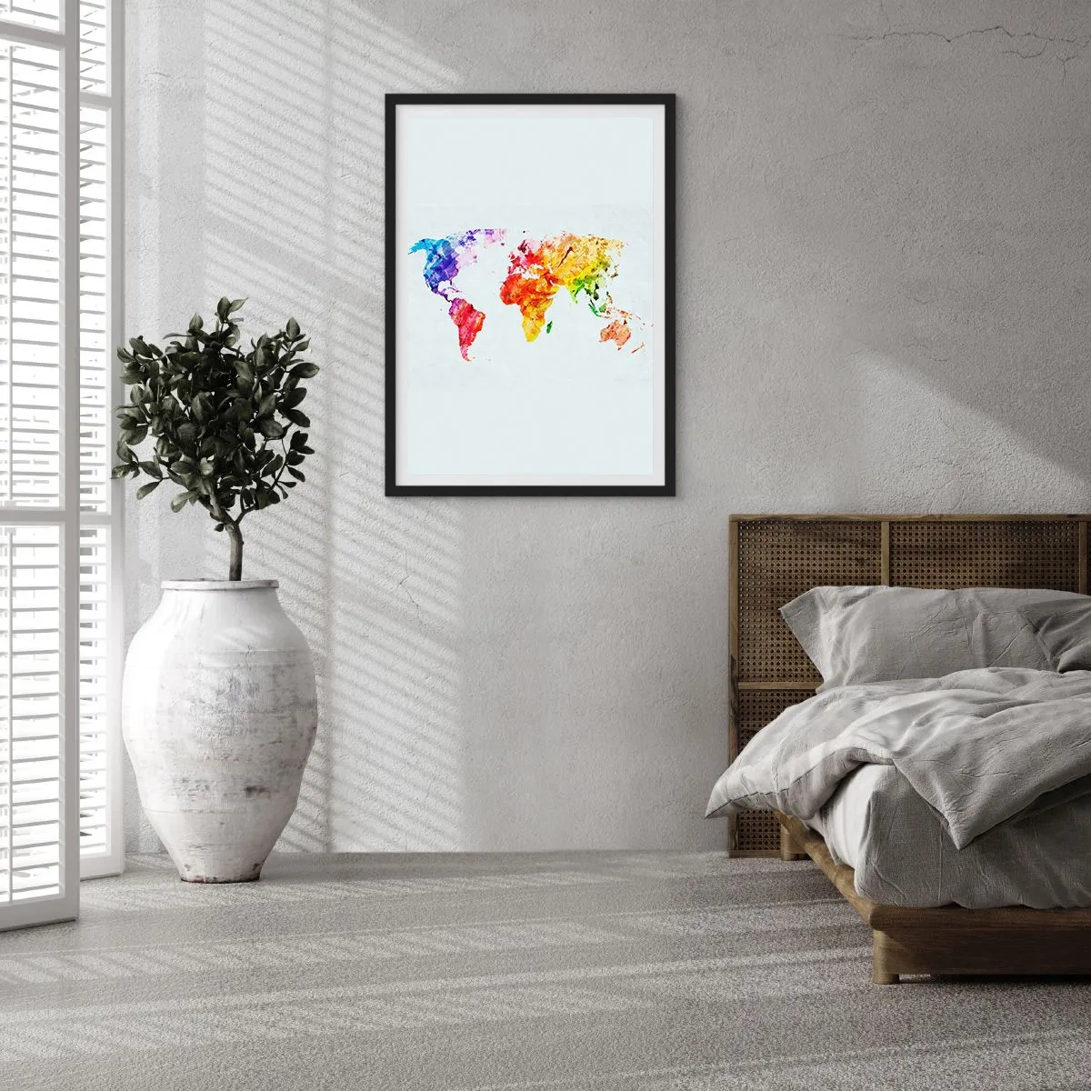 Plakat w czarnej ramie - Kolorowa mapa świata w stylu akwarelowym - 50x70cm - Wszystkie barwy świata - Nowoczesna dekoracja ścienna do salonu i sypialni ARTTOR