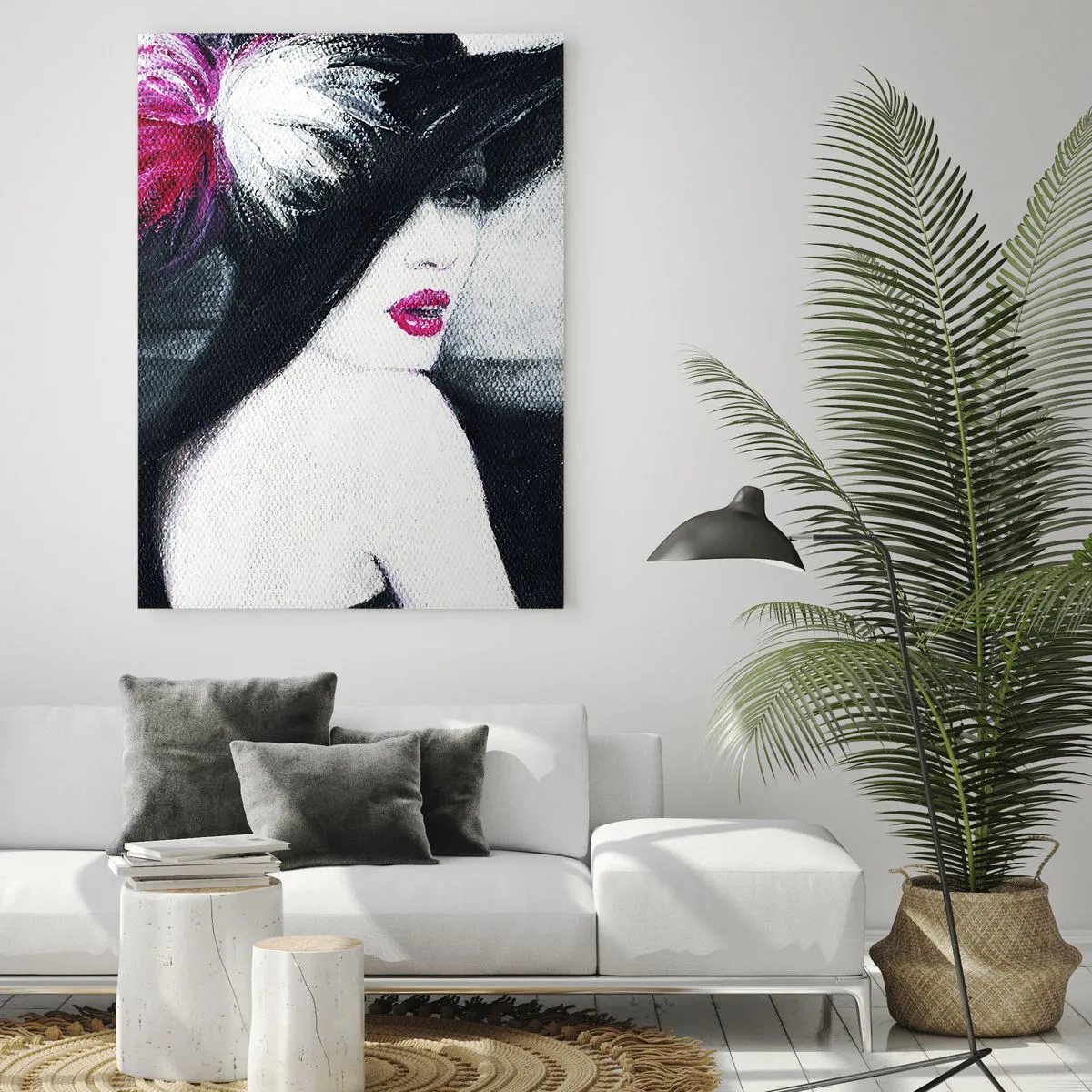 Obraz na szkle - Portret kobiety w dużym kapeluszu z różowym piórem - 50x70cm - Zawsze tajemnica - Nowoczesna dekoracja ścienna do salonu, kuchni i sypialni ARTTOR