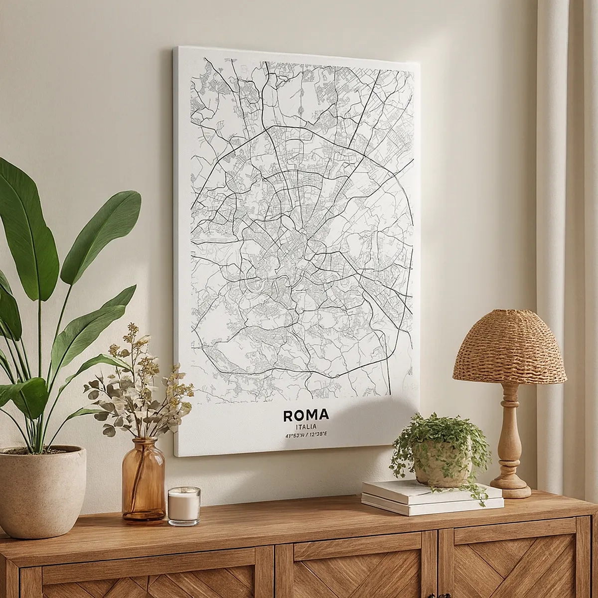 Obraz na płótnie - Czarno-biała mapa Rzymu z precyzyjnie zaznaczonym układem ulic - 50x70cm - Rzymski krąg - Nowoczesna dekoracja ścienna do salonu, kuchni i sypialni ARTTOR