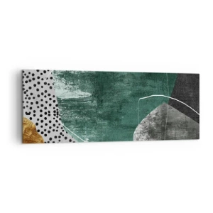 Obraz na płótnie - Abstrakcyjna kompozycja z zielonymi kształtami i wzorami kropek - 140x50cm - Barwna abstrakcja z płatkiem złota - Nowoczesna dekoracja ścienna do salonu i sypialni ARTTOR
