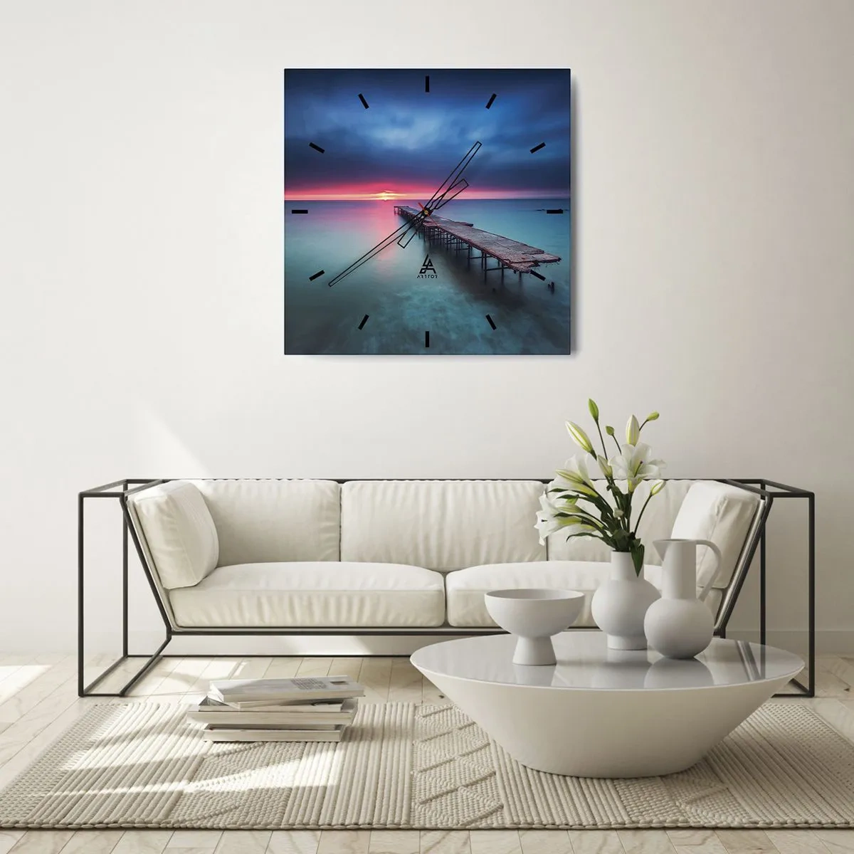 Zegar ścienny - Drewniane molo prowadzące wprost na morze o zachodzie słońca - 30x30cm - Między niebem a ziemią - Nowoczesna dekoracja ścienna do salonu i sypialni ARTTOR