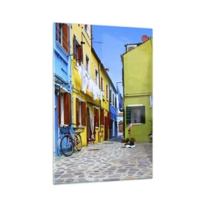 Obraz na szkle - Kolorowa uliczka z rowerami wśród pastelowych budynków - 70x100cm - Pastelowy, słodki zaułek - Nowoczesna dekoracja ścienna do salonu i sypialni ARTTOR