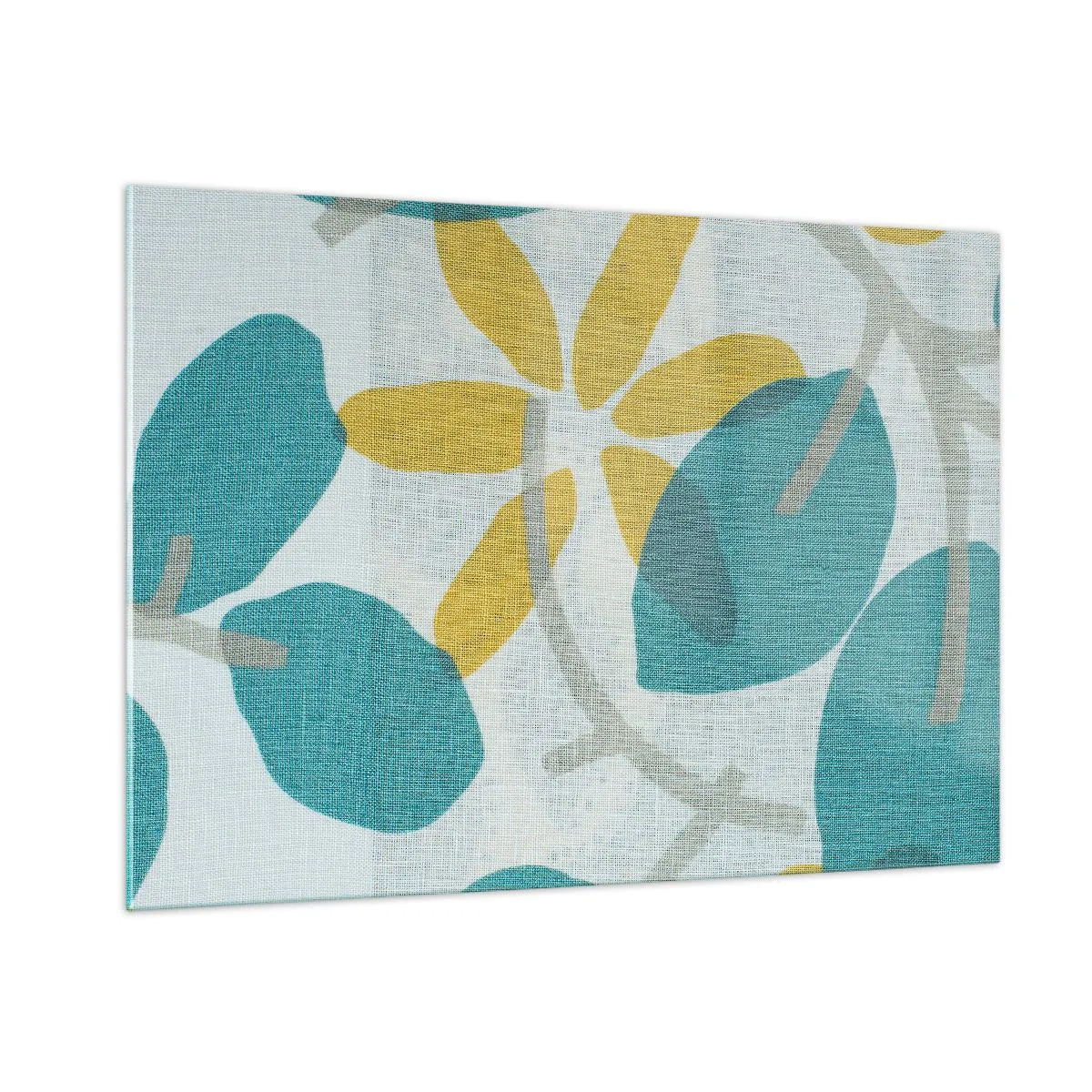 Obraz na szkle - Roślinna grafika z lazurowymi liśćmi i żółtymi kwiatami - 100x70cm - Wśród lazurowych liści - Nowoczesna dekoracja ścienna do salonu, kuchni i sypialni ARTTOR