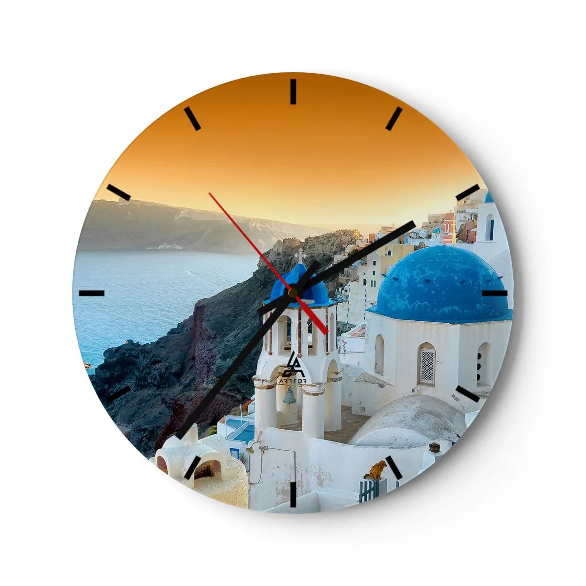 Zegar ścienny - Santorini z widokiem na morze o zachodzie słońca - 30x30cm - Santorini - przytulone do skał - Nowoczesna dekoracja ścienna do salonu, kuchni i sypialni ARTTOR