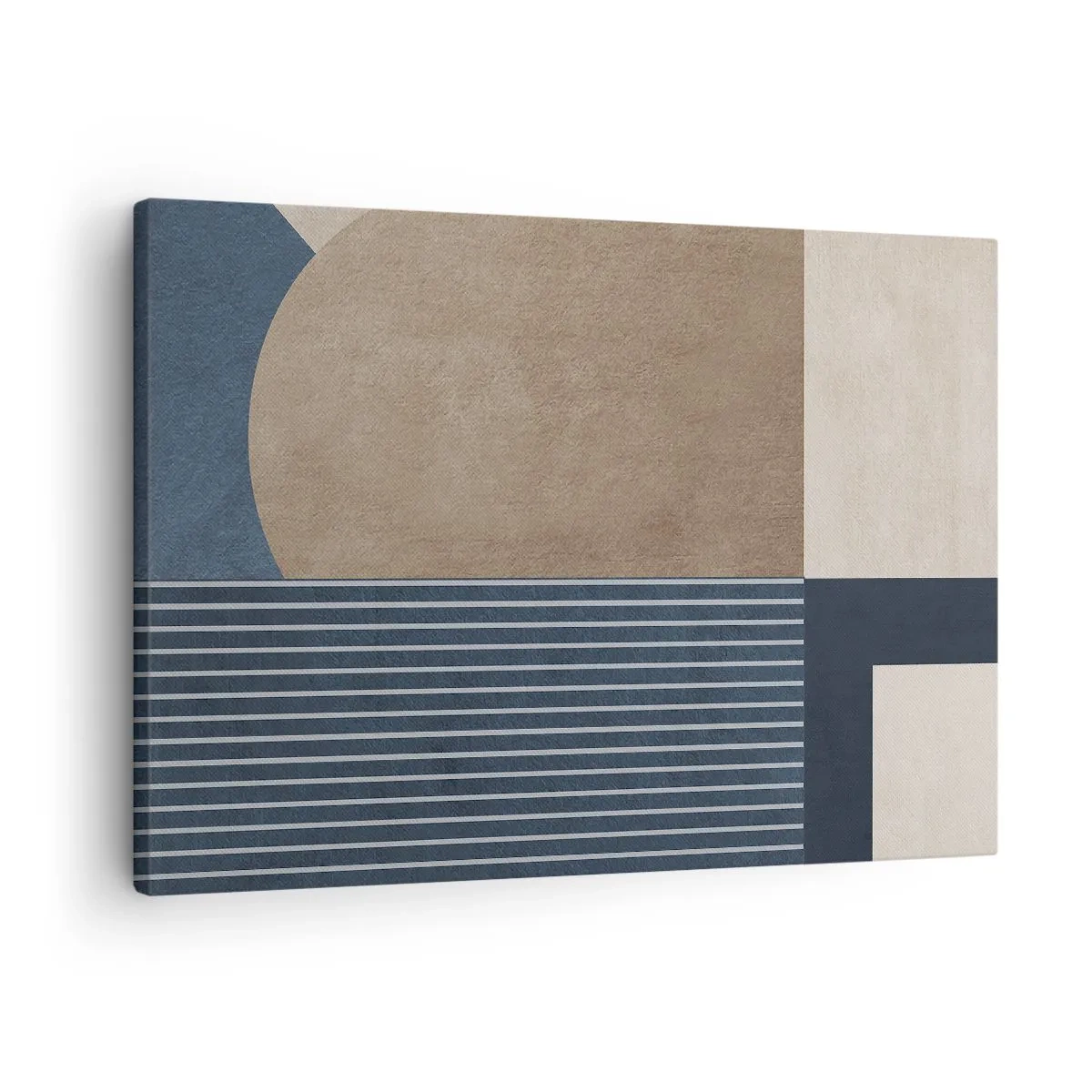Obraz na płótnie - Geometryczne figury w odcieniach beżu i granatu z liniami - 70x50cm - Kompozycja prostoty i krągłości - Nowoczesna dekoracja ścienna do salonu i sypialni ARTTOR