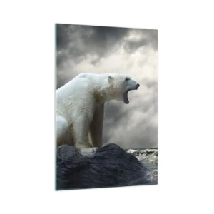 Obraz na szkle - Niedźwiedź polarny na skałach nad wzburzonym morzem - 70x100cm - Samotny król Arktyki - Nowoczesna dekoracja ścienna do salonu i sypialni ARTTOR