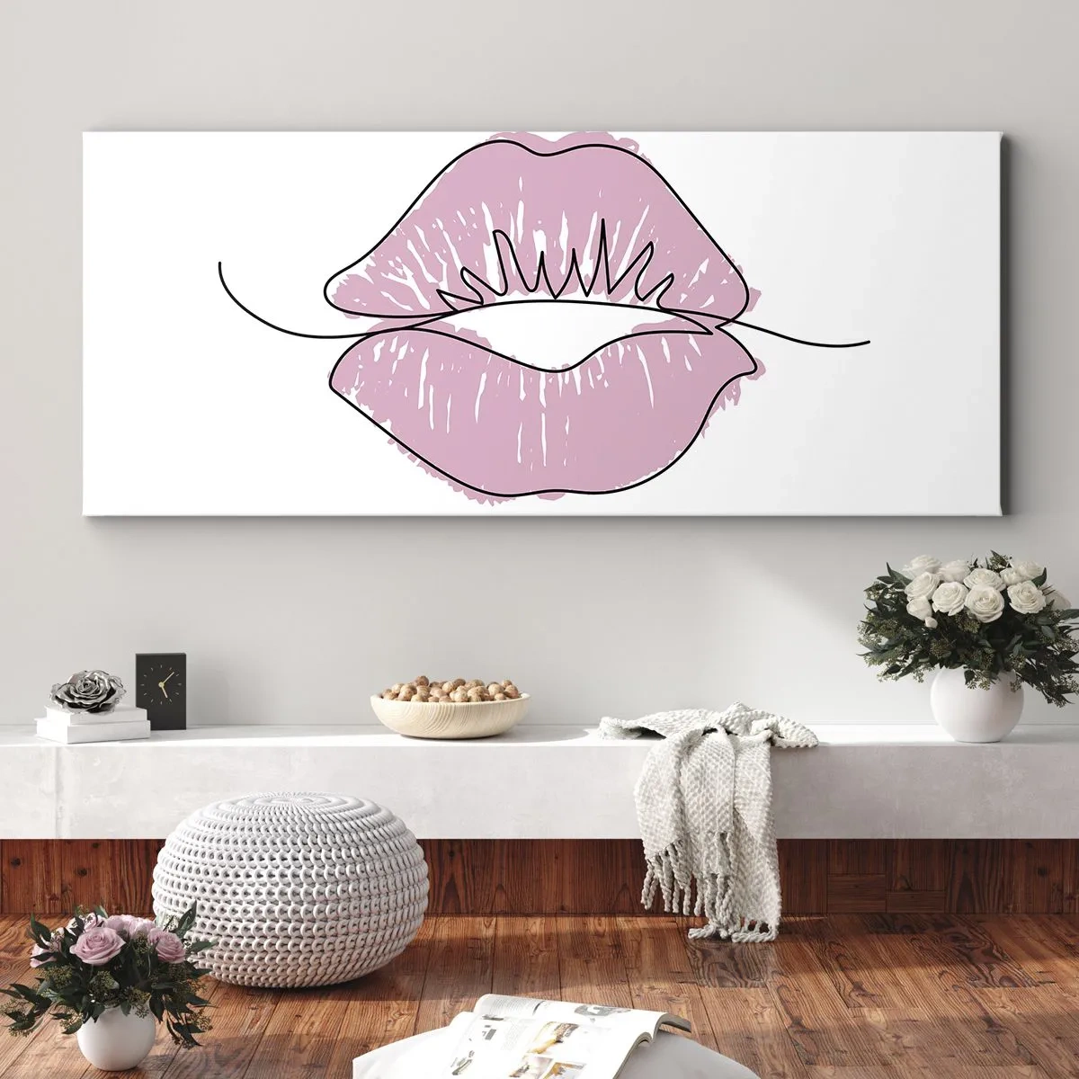 Obraz na płótnie - Minimalistyczny rysunek ust w różowym odcieniu - 160x50cm - Gotowy do pocałunku? - Nowoczesna dekoracja ścienna do salonu i sypialni ARTTOR