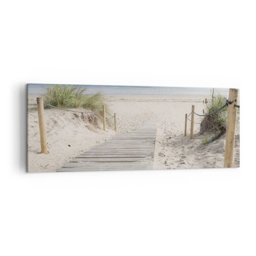 Obraz na płótnie - Ścieżka z desek prowadząca na piaszczystą plażę - 140x50cm - Po horyzont - Nowoczesna dekoracja ścienna do salonu i sypialni ARTTOR