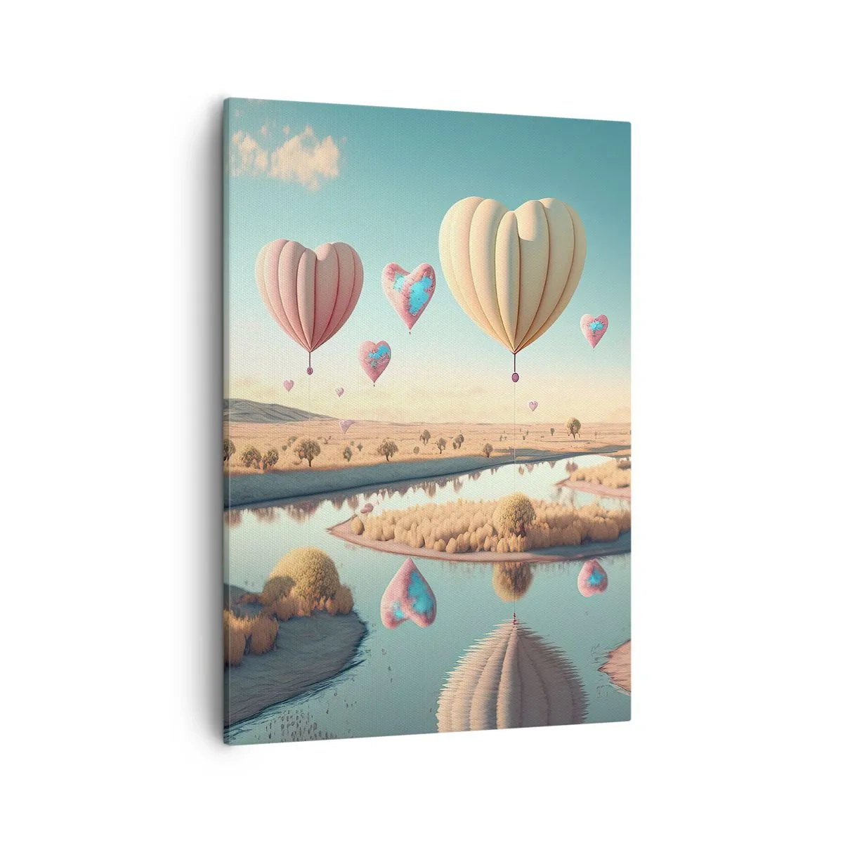 Obraz na płótnie - Balony w kształcie serc unoszące się nad malowniczym krajobrazem z rzeką - 50x70cm - Miłość pozwala wznieść się - Nowoczesna dekoracja ścienna do salonu, kuchni i sypialni ARTTOR
