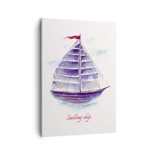Obraz na płótnie - Akwarelowa ilustracja żaglowca na wodzie z napisem Sailing Ship - 50x70cm - Pełnych żagli i spokojnej wody - Nowoczesna dekoracja ścienna do salonu, kuchni i sypialni ARTTOR
