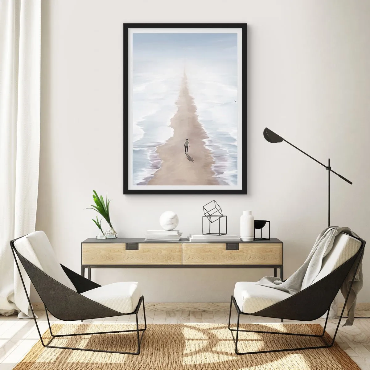 Plakat w czarnej ramie - Postać krocząca samotnie ścieżką wśród spokojnych wód - 50x70cm - Jasna przyszłość - Nowoczesna dekoracja ścienna do salonu i sypialni ARTTOR