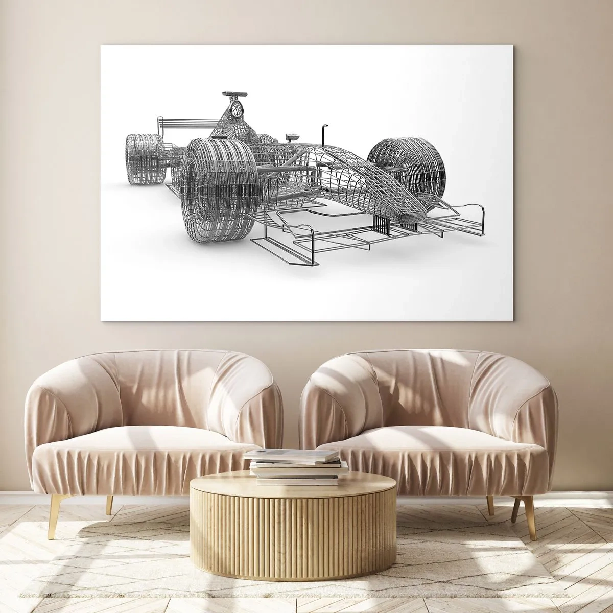 Obraz na szkle - Rysunek techniczny samochodu wyścigowego w stylu 3D - 70x50cm - Idealna konstrukcja - idea pędu - Nowoczesna dekoracja ścienna do salonu i sypialni ARTTOR