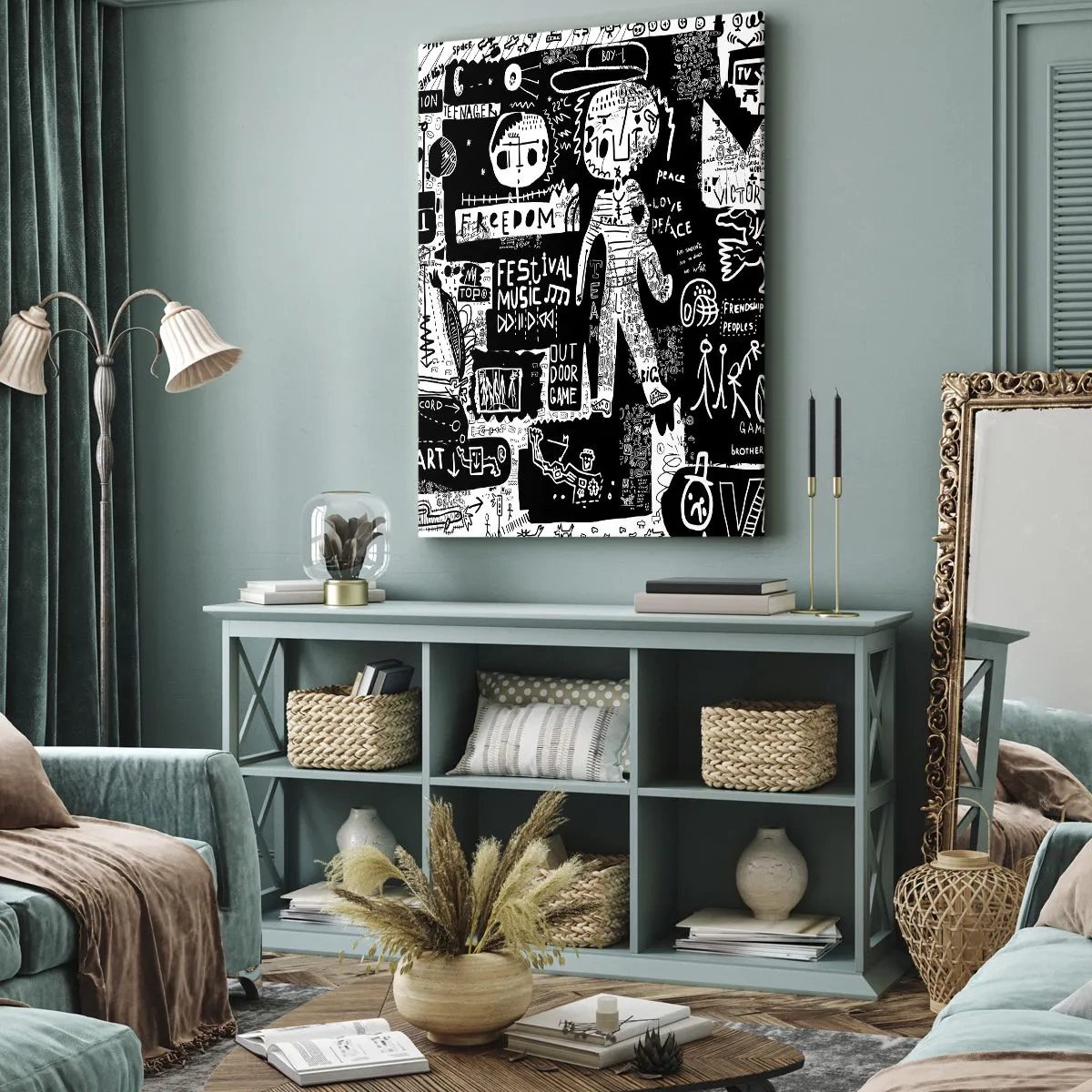 Obraz na płótnie - Czarno-biała grafika z elementami pop-artu i symbolami - 50x70cm - Duchowej młodości prawa i radości - Nowoczesna dekoracja ścienna do salonu, kuchni i sypialni ARTTOR