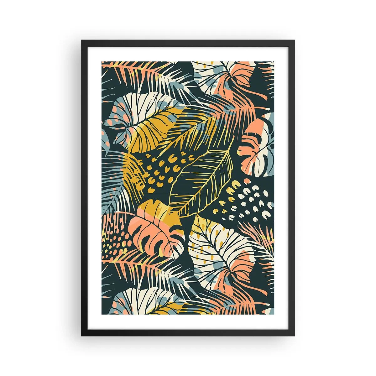 Plakat w czarnej ramie - Kolorowy wzór tropikalnych liści w odcieniach zieleni, żółci i różu - 50x70cm - Liściasta fantazja - Nowoczesna dekoracja ścienna do salonu i sypialni ARTTOR