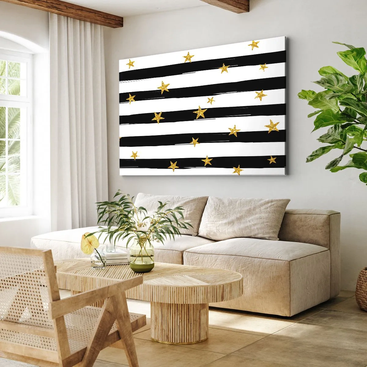 Obraz na płótnie - Czarno-białe pasy z złotymi gwiazdkami - 70x50cm - Wszyscy urodziliśmy się pod szczęśliwą gwiazdą - Nowoczesna dekoracja ścienna do salonu i sypialni ARTTOR