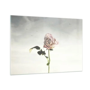 Obraz na szkle - Delikatna róża na tle nieba z lecącymi ptakami - 100x70cm - Powitanie wiosny - Nowoczesna dekoracja ścienna do salonu, kuchni i sypialni ARTTOR
