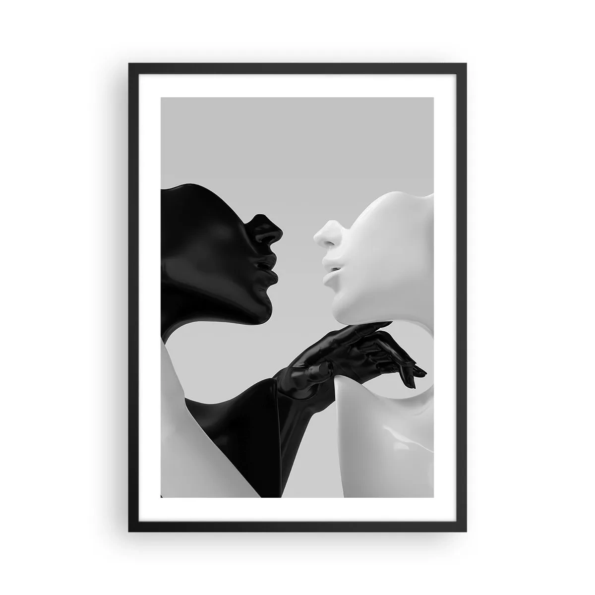 Plakat w czarnej ramie - Czarno-biała kompozycja dwóch twarzy w bliskim kontakcie - 50x70cm - Przyciąganie – pożądanie - Nowoczesna dekoracja ścienna do salonu i sypialni ARTTOR
