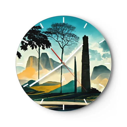 Zegar ścienny - Drzewa i formacje skalne na tle gór o poranku - 30x30cm - Wciąż wyżej i wyżej - Nowoczesna dekoracja ścienna do salonu, kuchni i sypialni ARTTOR