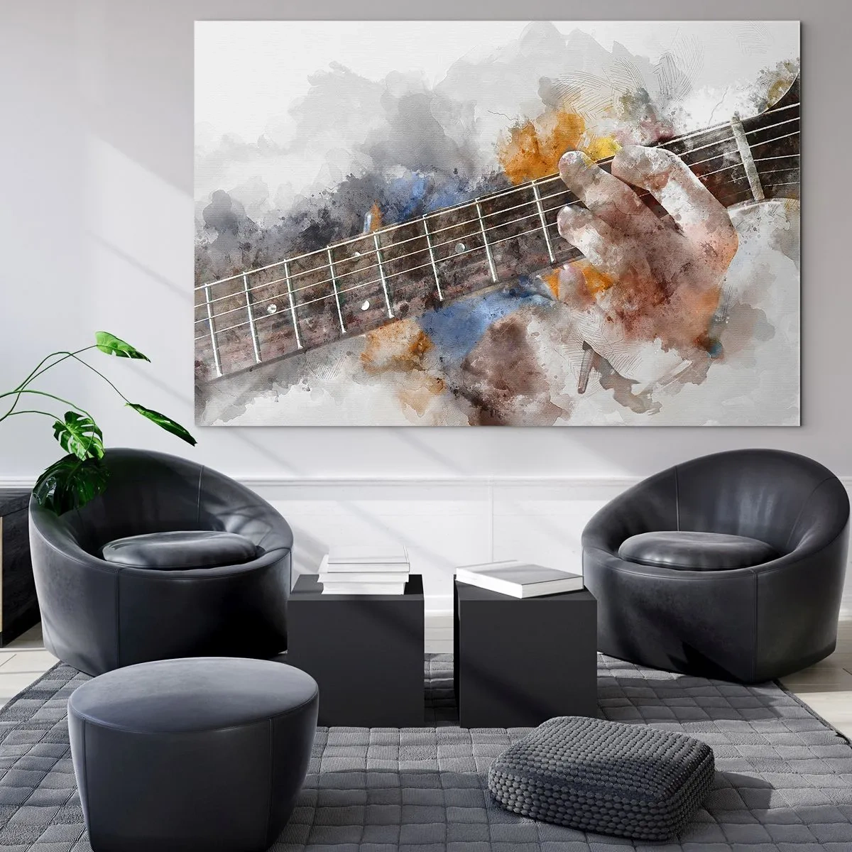 Obraz na szkle - Akwarelowy motyw dłoni grającej na gitarze - 70x50cm - Poezja między strunami - Nowoczesna dekoracja ścienna do salonu i sypialni ARTTOR