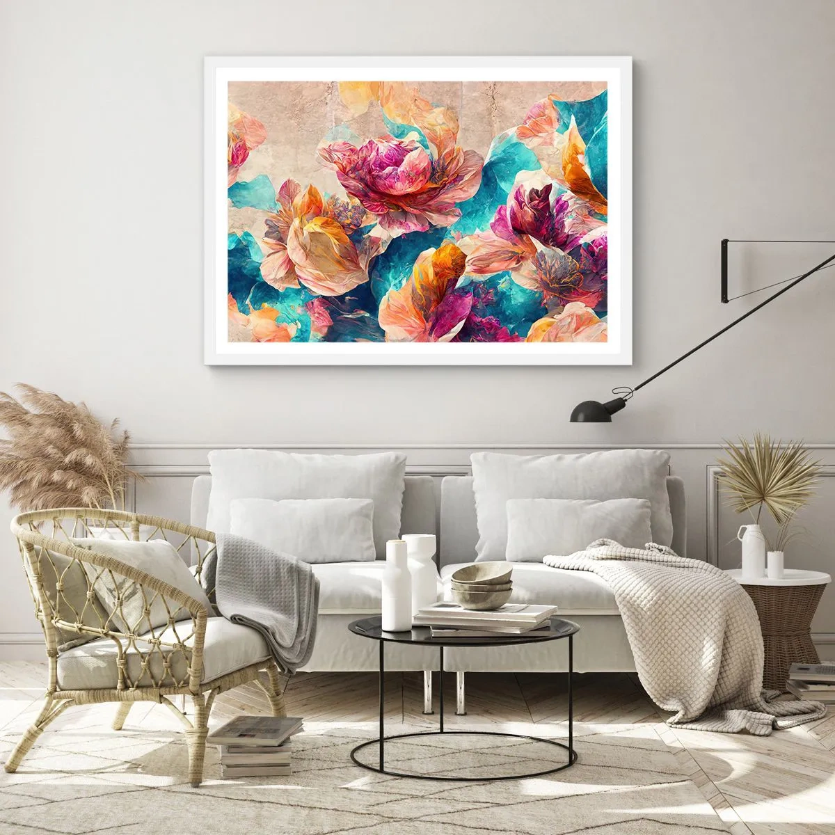 Plakat w białej ramie - Barwny przepych bukietu - 100x70 cm