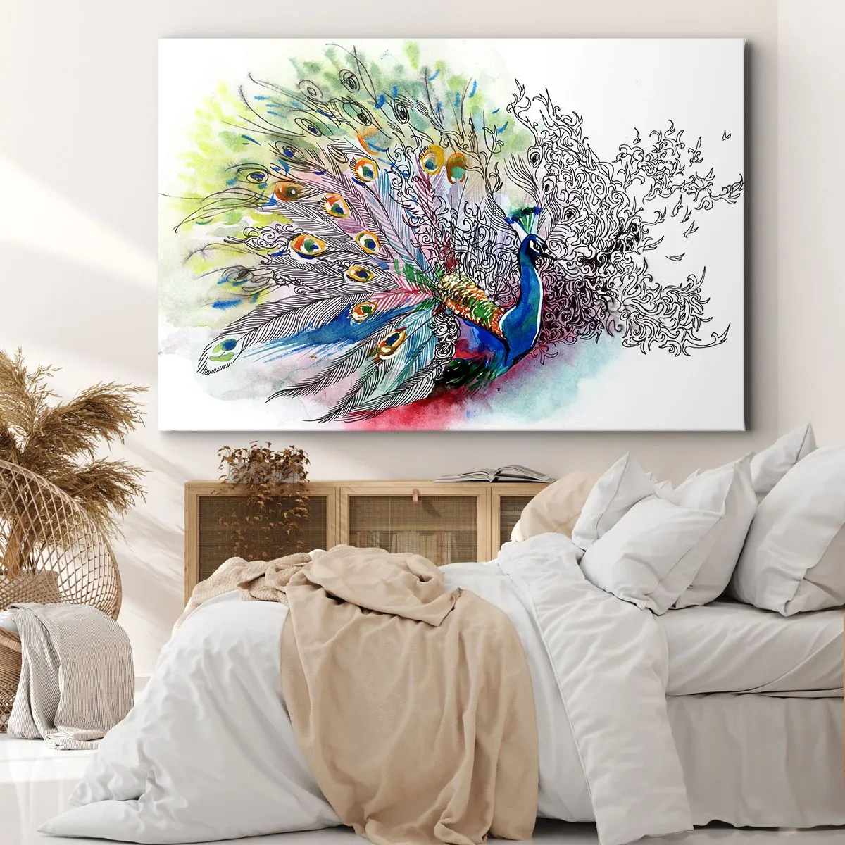 Obraz na płótnie - Paw w kolorowym akwarelowym stylu z abstrakcyjnymi piórami - 70x50cm - Z dumą przeciw szarości  - Nowoczesna dekoracja ścienna do salonu i sypialni ARTTOR