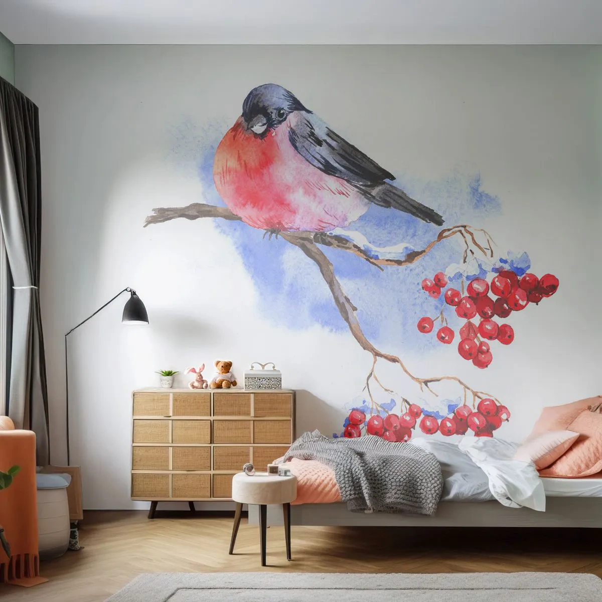 Fototapeta Premium Sand - Akwarelowa ilustracja gila na gałęzi z czerwonymi owocami - 100x70cm - Zima w kolorze - Nowoczesna dekoracja ścienna do salonu, kuchni i sypialni ARTTOR