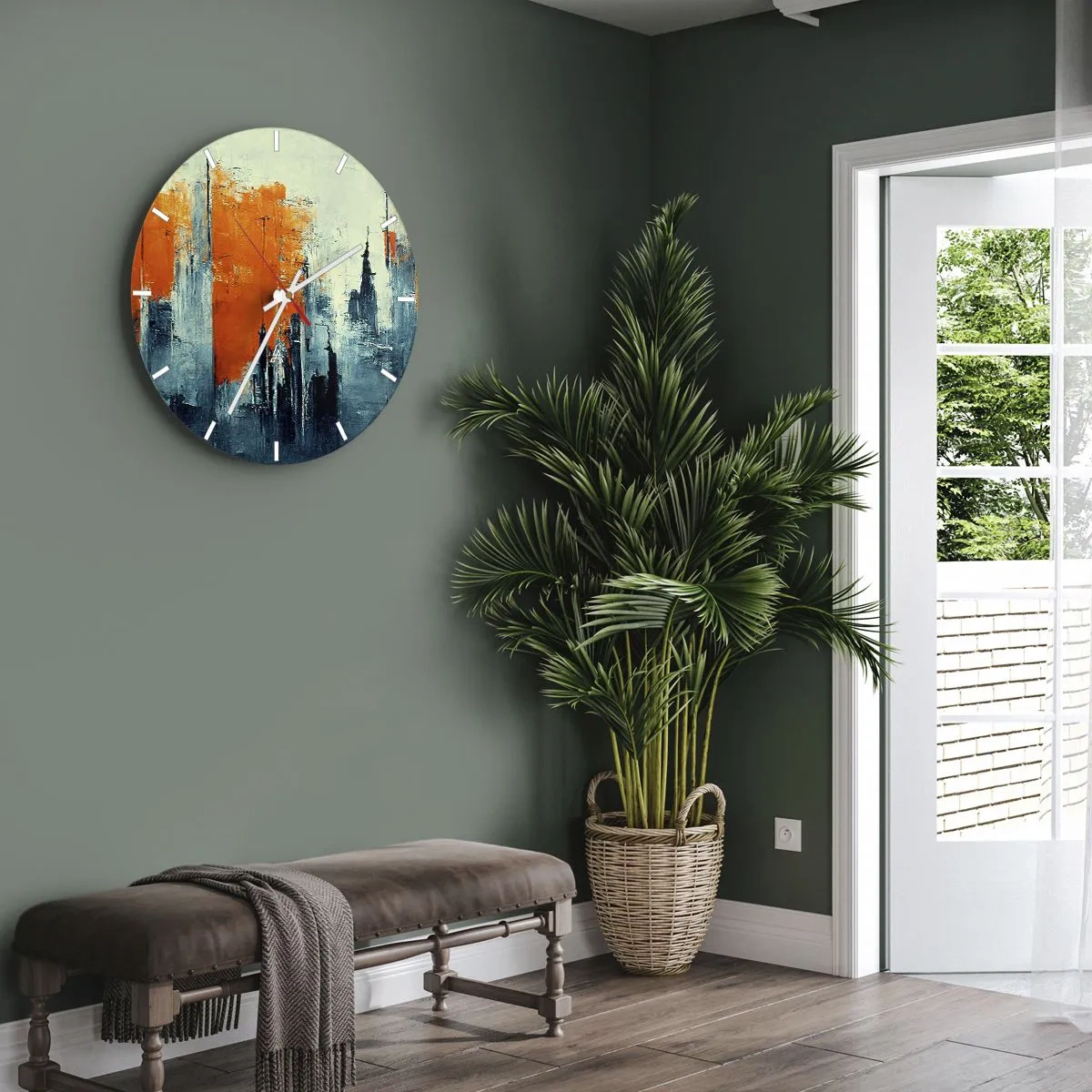 Zegar ścienny - Abstrakcyjna panorama miasta w odcieniach pomarańczu i granatu - 30x30cm - Pejzaż nowoczesny - Nowoczesna dekoracja ścienna do salonu, kuchni i sypialni ARTTOR