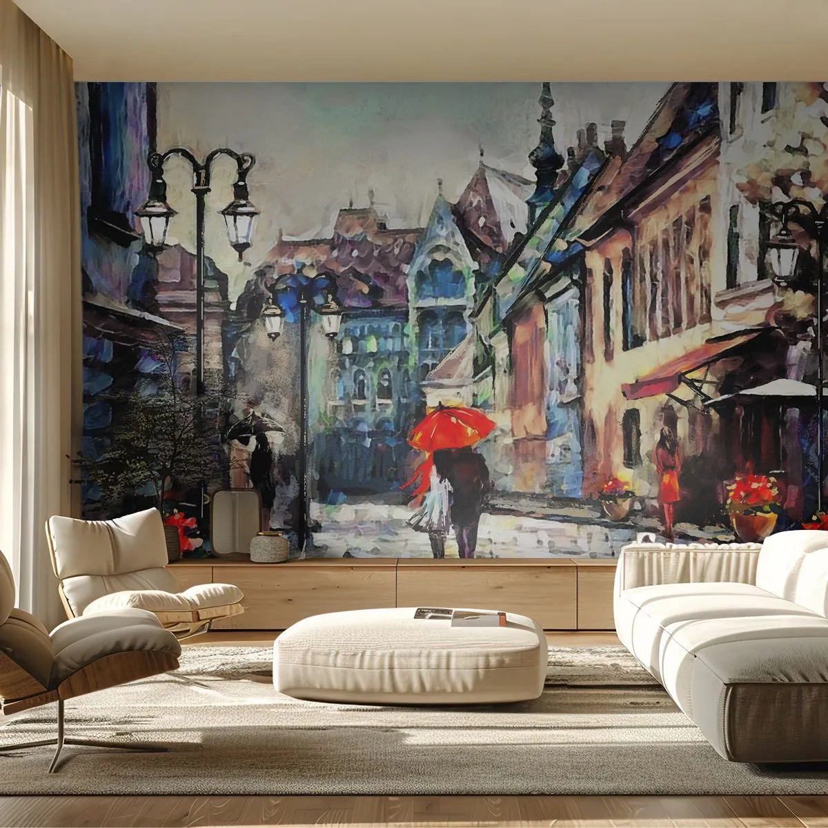 Fototapeta Premium Sand - Romantyczna uliczka w deszczu z czerwonym parasolem - 100x70cm - Deszcz dla dwojga - Nowoczesna dekoracja ścienna do salonu, kuchni i sypialni ARTTOR