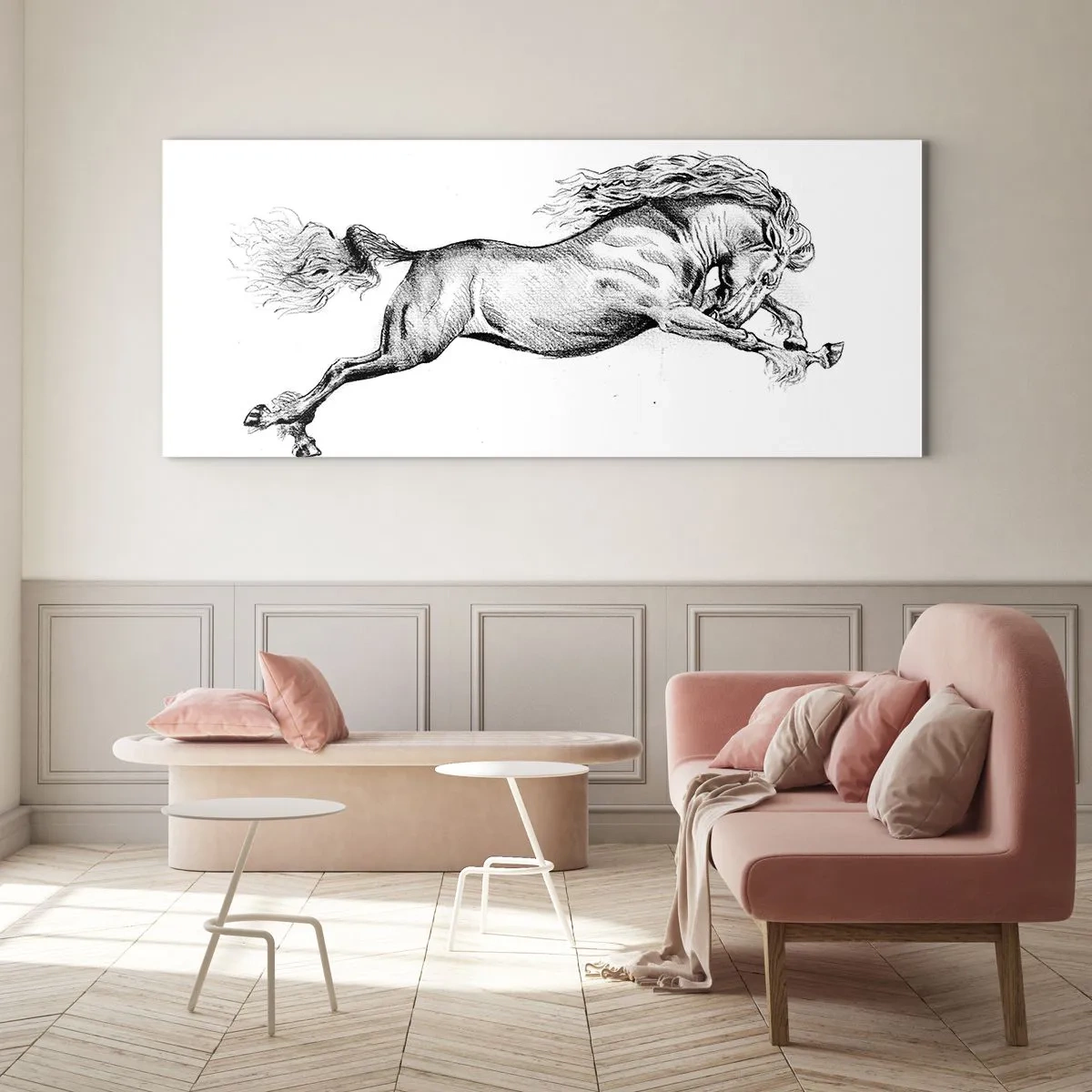 Obraz na szkle - Szkic konia w dynamicznym galopie na białym tle - 120x50cm - Zatrzymany w galopie - Nowoczesna dekoracja ścienna do salonu i sypialni ARTTOR