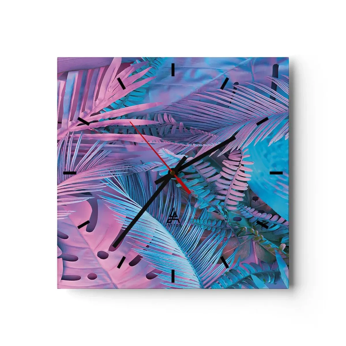 Zegar ścienny - Tropikalne liście w odcieniach różu i błękitu - 30x30cm - Tropiki w różu i błękicie - Nowoczesna dekoracja ścienna do salonu i sypialni ARTTOR